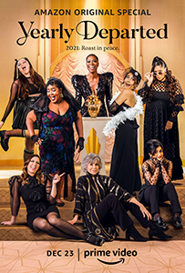 A group of women in black formal attire posing for a promotional poster for Yearly Departed.