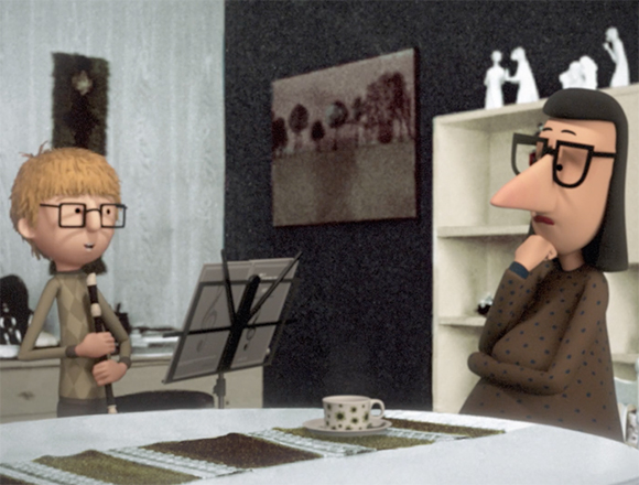 An animated boy with glasses holds a flute while an older woman with glasses watches him thoughtfully.