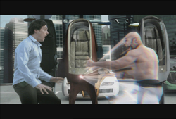 A man in a blue shirt looks shocked as a muscular man blurs into view next to futuristic pods.