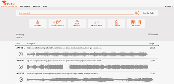 Music library website interface showing filter options like genres and moods, and a list of audio track results.