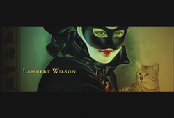 A person wearing a black masquerade mask and dark ruffled clothing next to a tabby cat.