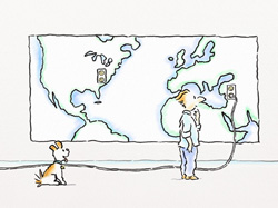 A man and a dog look at a world map featuring speakers placed over North America and Africa.