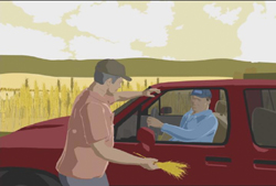 An illustration of a man in a pink shirt handing a bundle of wheat to a driver inside a red pickup truck.