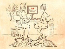 Sketch of a man and woman sitting at a desk with a computer and a dog lying on a rug nearby.