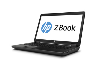 A black HP ZBook laptop open against a white background.