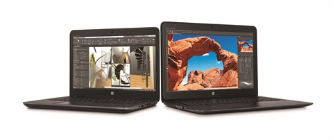 Two open laptops side by side on a white background, displaying photo editing and design software.