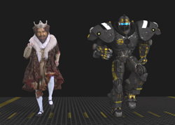 A man in royal attire and a large, dark armored robot walking on a metal floor against a black background.
