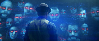 A man in a bowler hat stands with his back to the camera, facing a crowd of people with glowing red eyes.