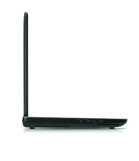 Side profile of a slim black laptop computer against a white background.