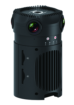 A black cylindrical 360-degree camera with multiple lenses and cooling vents on a white background.
