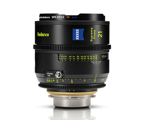 A black ZEISS Supreme Prime 21mm camera lens with yellow text and markings on a white background.