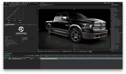 A video editing software interface showing a black pickup truck in a preview window.