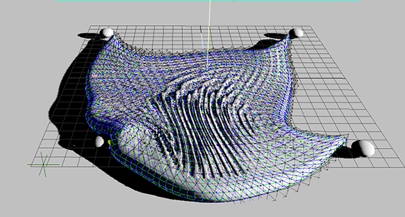 A blue and white 3D wireframe mesh with undulating waves on a gray grid background.
