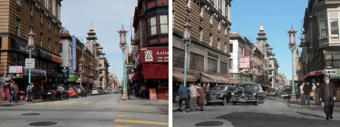 Street scenes showing multi-story buildings, storefronts, and vintage automobiles on a city street.