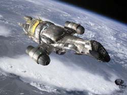 A metallic, multi-engine spacecraft floating in orbit above a cloudy Earth.
