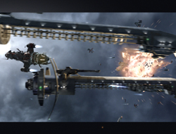 Spaceships fly near a long metallic structure amidst explosions in a dark, cloudy sky.