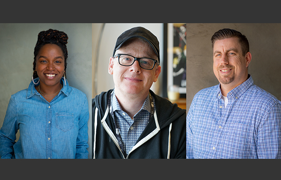 Three portraits of a woman, a man with glasses and a cap, and a man in a blue checkered shirt.