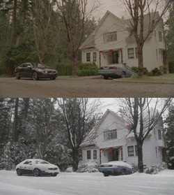 A split image showing a white house and two cars in a green forest versus the same scene covered in snow.