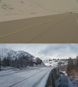 Split view showing a clear highway in a hazy landscape above a snow-covered highway next to a mountain and river.