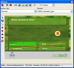 Software window showing a quiz question 'What animal is this?' with multiple-choice answer buttons.