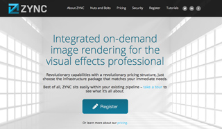 ZYNC website homepage featuring text about on-demand image rendering for visual effects professionals.