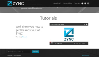 ZYNC website page featuring a Tutorials heading and a video player for a cloud render teaser.