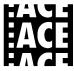 A black and white square graphic featuring the word ACE repeated three times in a stacked layout.