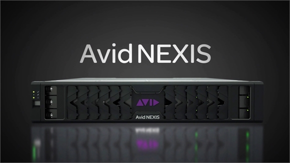 Avid NEXIS storage server with multiple drive bays on a dark, reflective surface.