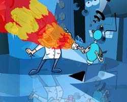 A cartoon scientist in a white lab coat is hit by a blast of red and yellow energy from a blue robot.