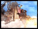 A rocket ascends through thick white smoke and clouds against a blue sky.