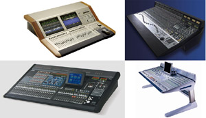 Four various professional digital audio mixing consoles displayed in a grid.