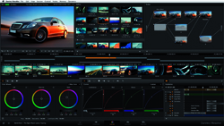 A digital interface of video editing software displaying color wheels, timelines, and various video thumbnails.