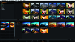 A dark-themed photo management software interface showing multiple rows of colorful image thumbnails.