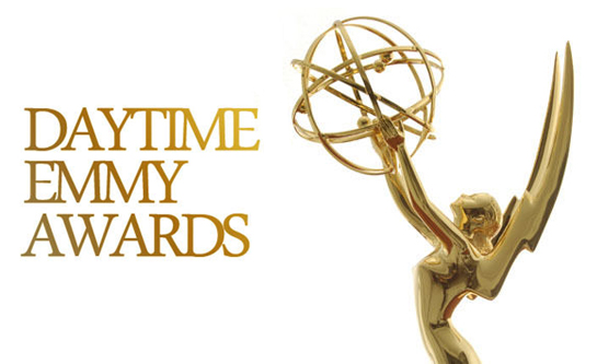 Gold Daytime Emmy Awards text next to a gold Emmy trophy against a white background.