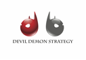 Red and grey devil-like droplet shapes above the text 'DEVIL DEMON STRATEGY'.