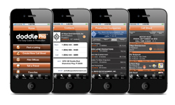 Four black smartphones side-by-side showing various interface screens of the Doodle Pro mobile application.