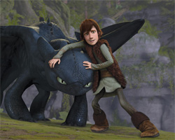 A young boy with brown hair leans against a large, dark-scaled dragon in a forest setting.