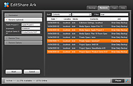 Screenshot of EditShare Ark software showing a list of backup files with dates, locations, media, contents, and job status.