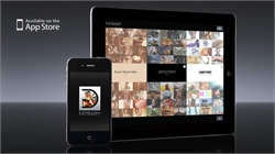 An iPhone and iPad displaying a photo gallery app against a dark gradient background.