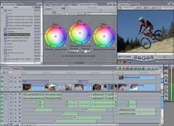 A digital interface showing video editing tools, color wheels, a timeline, and a cyclist on a mountain bike.