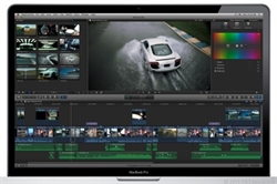 A laptop screen showing a video editing interface with a white car driving through water.