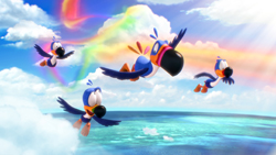 Five colorful cartoon birds fly through a bright sky with rainbows over a blue ocean.