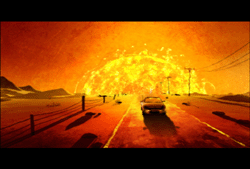 A car drives down a desert road toward a giant, bright orange explosion on the horizon.