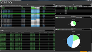 A dark software interface displaying financial data tables, green and red text, and two circular pie charts.