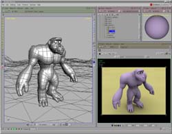 A 3D modeling software interface displaying a wireframe gorilla and a rendered purple gorilla model.