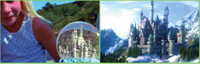 A young girl holds a snow globe containing a castle, paired with a large castle in a snowy mountain setting.