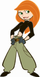 Animated woman with long orange hair, green eyes, black crop top, and baggy tan pants.