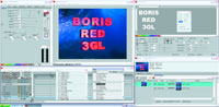 A digital video editing software interface with a central preview window showing red text on blue.