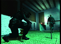 A silhouetted soldier crouches in a green-lit hallway as another figure walks away in the distance.