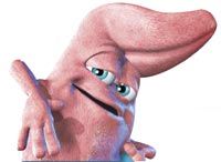 A pink, textured cartoon character with large blue eyes and a wide, smiling mouth.